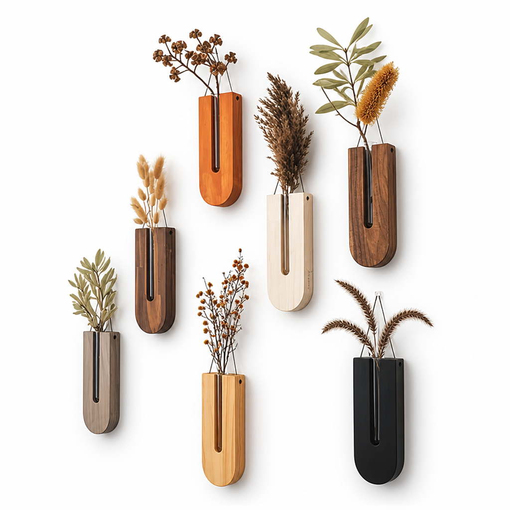 Elegant Pine Wood & Glass Wall Planters (Set of 7)