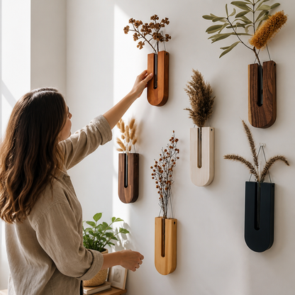 Elegant Pine Wood & Glass Wall Planters (Set of 7)