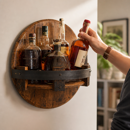 Rustic Oak & Steel Wall Wine Holder for 7 Bottles