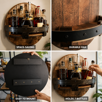 Rustic Oak & Steel Wall Wine Holder for 7 Bottles