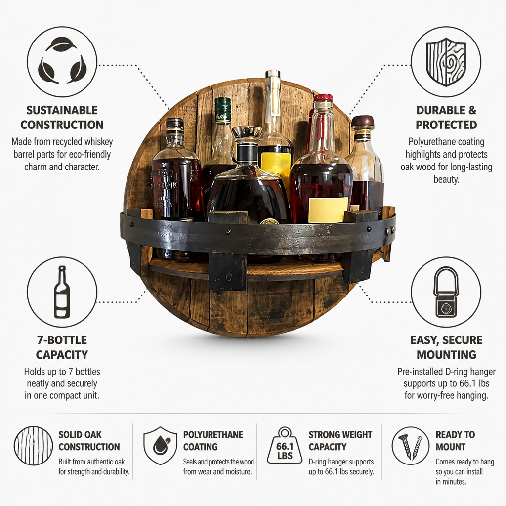 Rustic Oak & Steel Wall Wine Holder for 7 Bottles