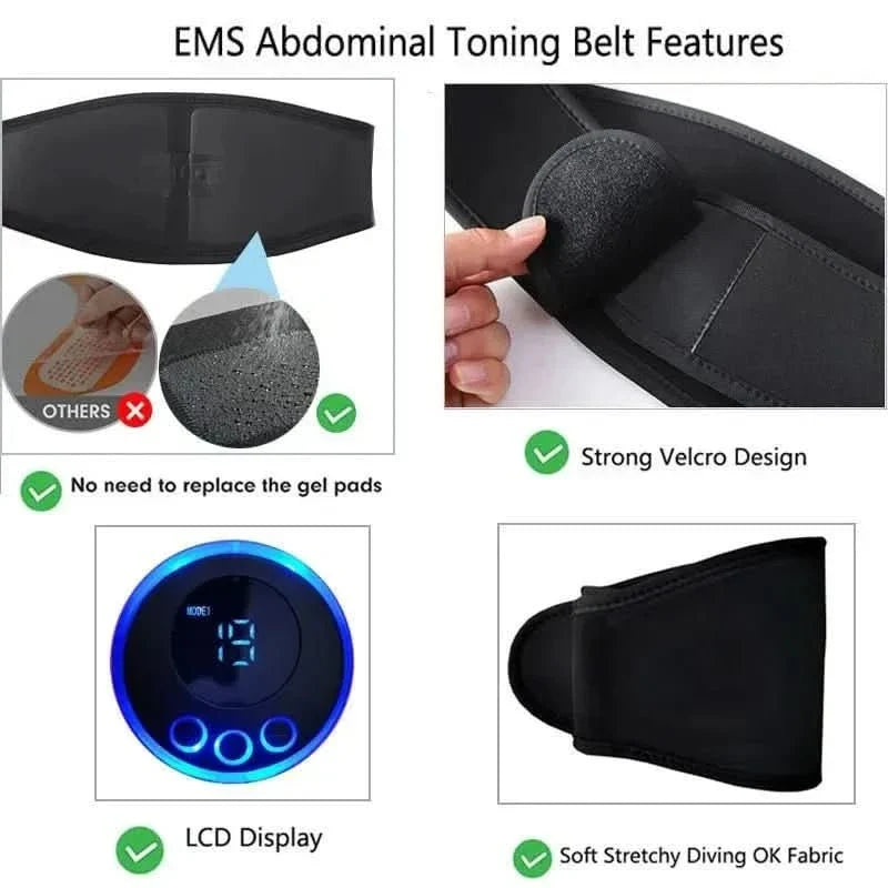 EMS Abdominal Muscle Stimulator Belt for Core Toning and Training, Adjustable Intensity for Home Fitness