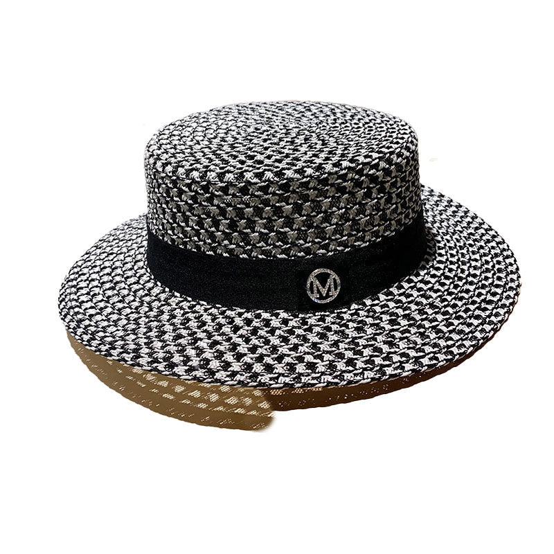 Women's Round Flat Top Straw Hat for Beach and Sun Protection