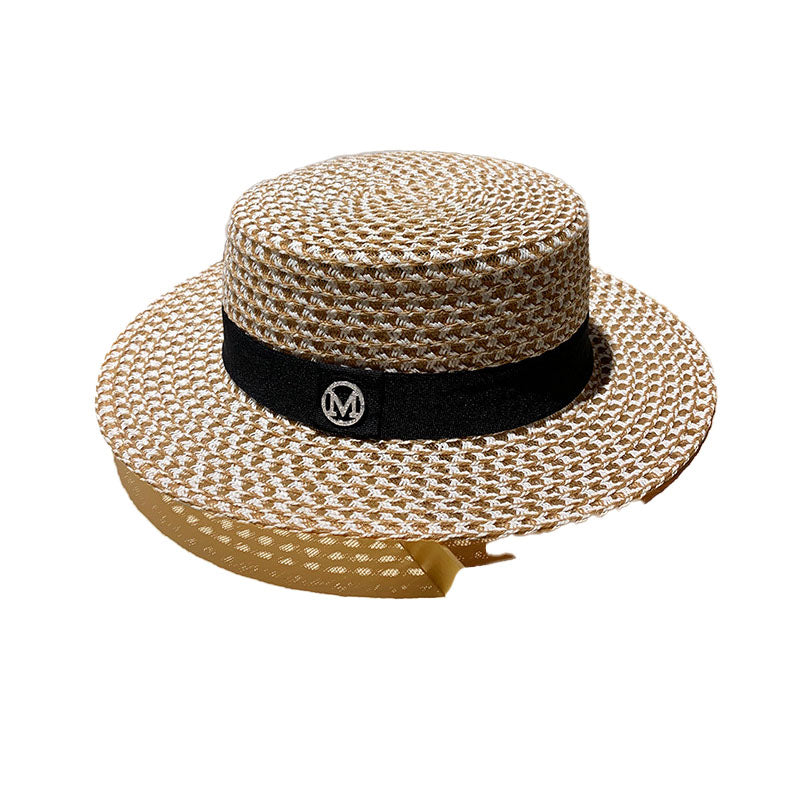 Women's Round Flat Top Straw Hat for Beach and Sun Protection