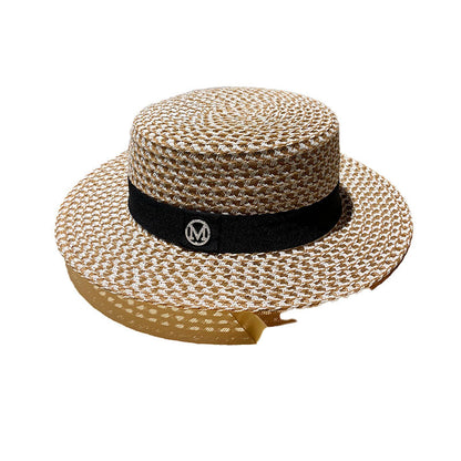 Women's Round Flat Top Straw Hat for Beach and Sun Protection