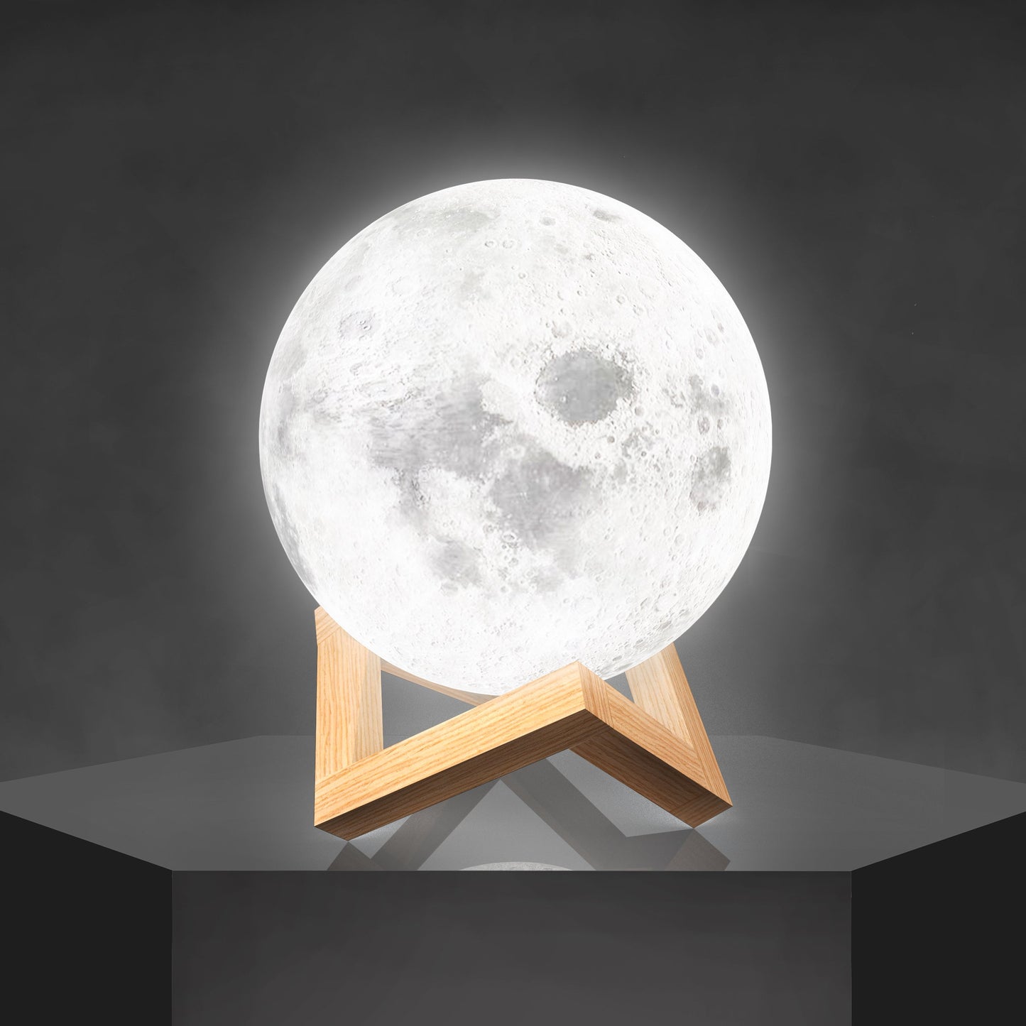 Moon Lamp in 3D Design with Wooden Stand