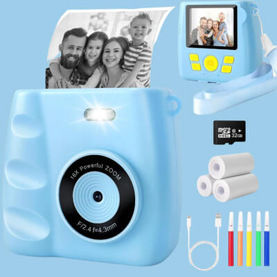 Children's Instant Camera in Blue – 1080p with 32GB SD Card Included