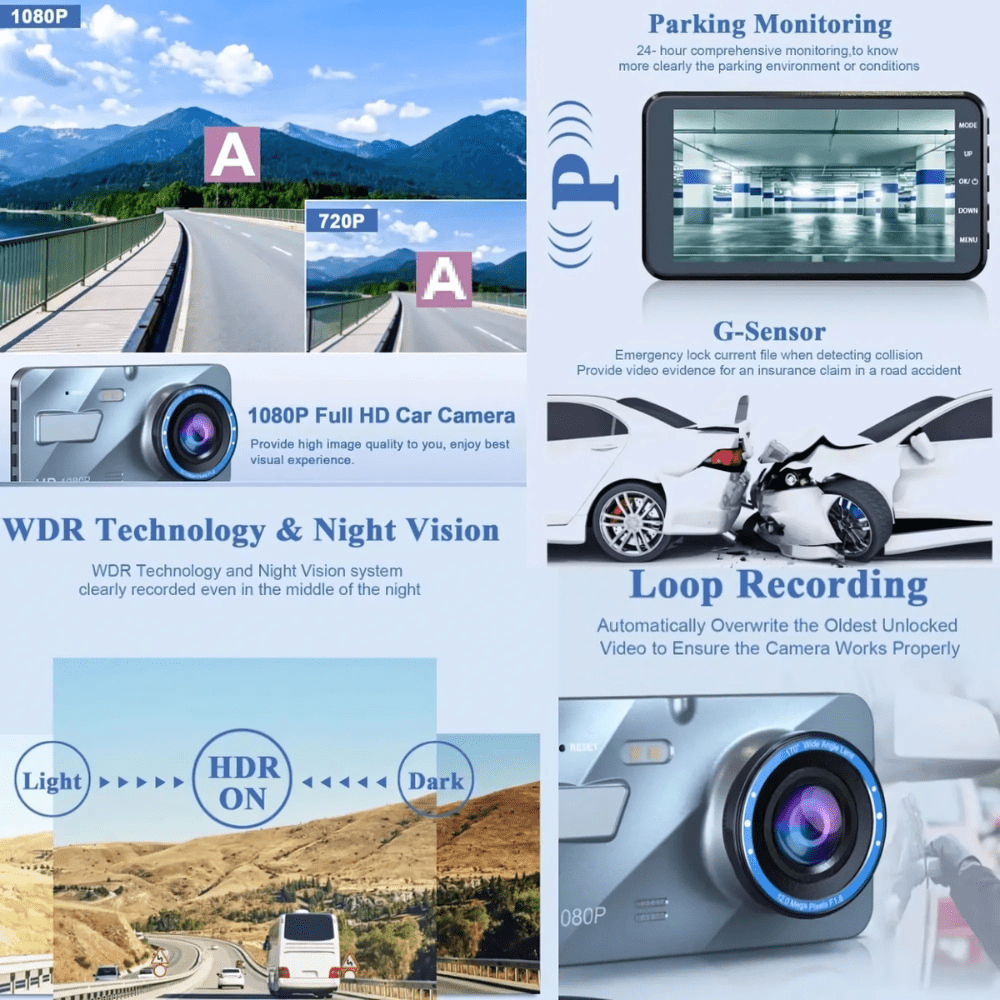 Car Dash Cam with Night Vision – Front and Rear Recording