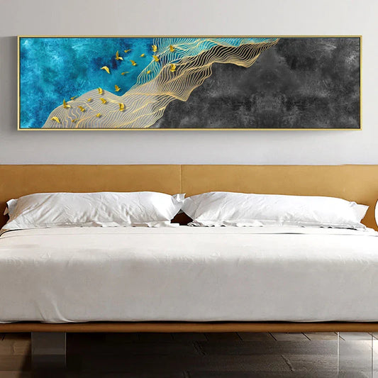 Stunning Golden Avian Silhouettes on Azure Canvas Art