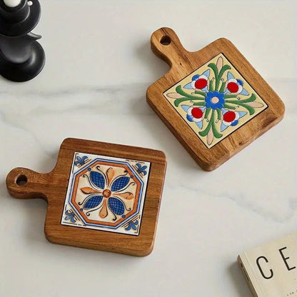 Elegant Floral-Inlaid Wooden Trivets for Hot Dishes