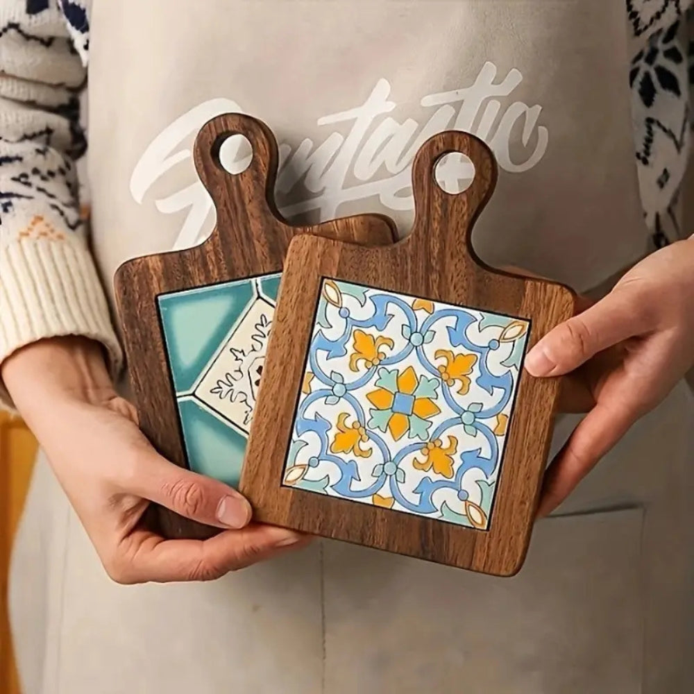 Elegant Floral-Inlaid Wooden Trivets for Hot Dishes