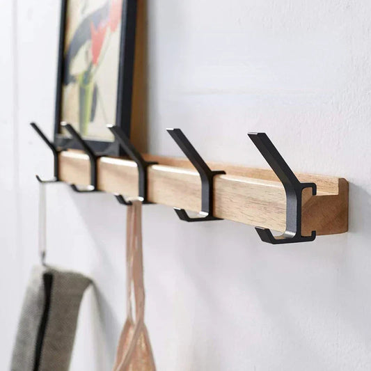 Adjustable Dual Hook Coat Rack for Entryway - Wall Mounted Black Wood