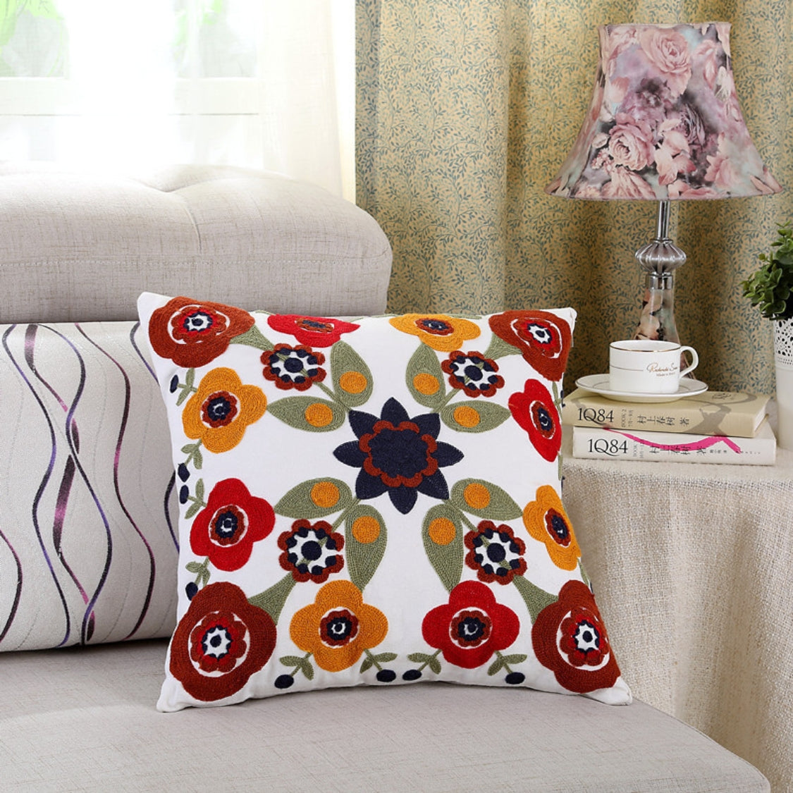 Charming Floral Embroidered Square Cushion Cover