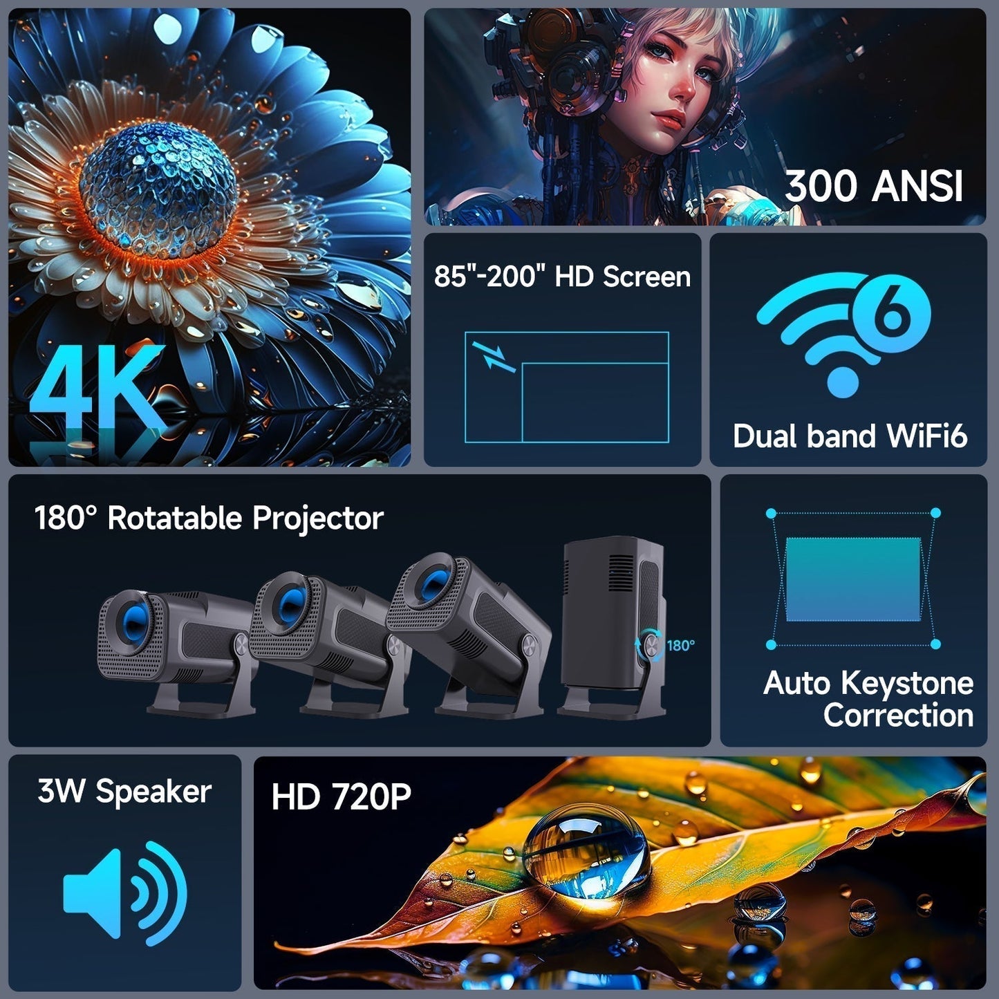 4K Mini Projector for Home Theater – Portable Design with 180° Rotation