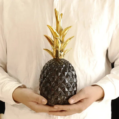 White Resin Pineapple Statue with Gold Crown Accent