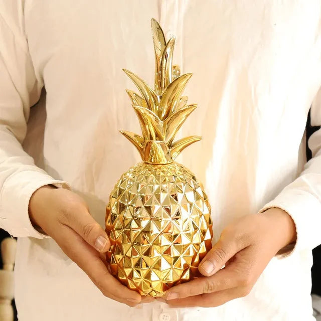 White Resin Pineapple Statue with Gold Crown Accent