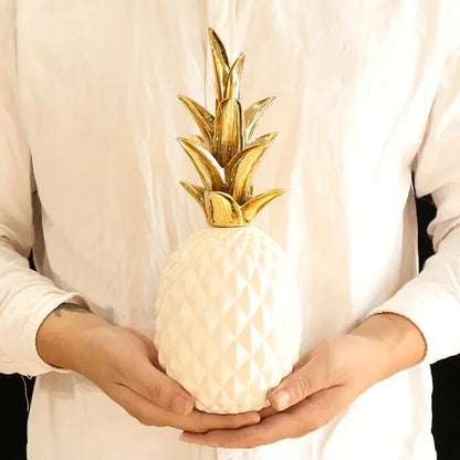 White Resin Pineapple Statue with Gold Crown Accent