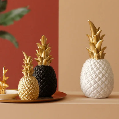 White Resin Pineapple Statue with Gold Crown Accent