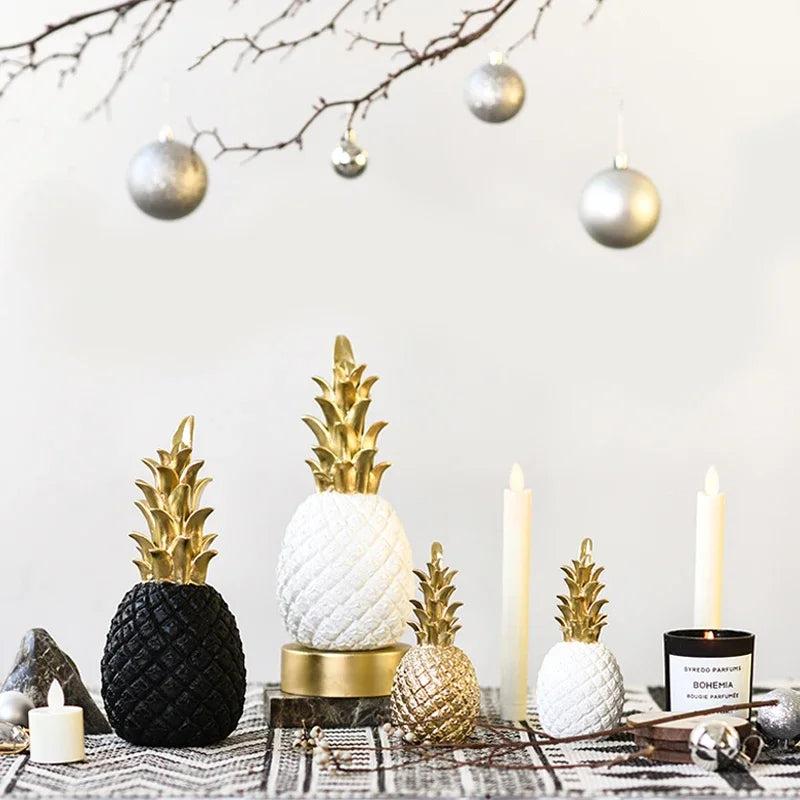 White Resin Pineapple Statue with Gold Crown Accent