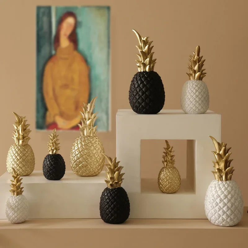 White Resin Pineapple Statue with Gold Crown Accent