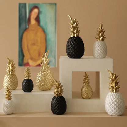 White Resin Pineapple Statue with Gold Crown Accent