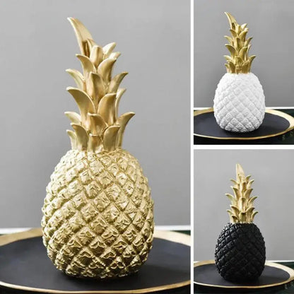 White Resin Pineapple Statue with Gold Crown Accent