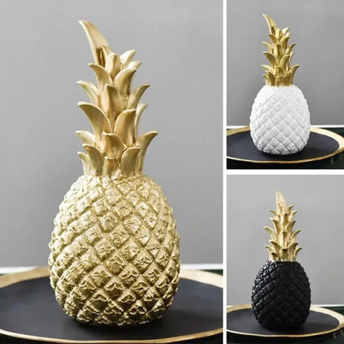 White Resin Pineapple Statue with Gold Crown Accent