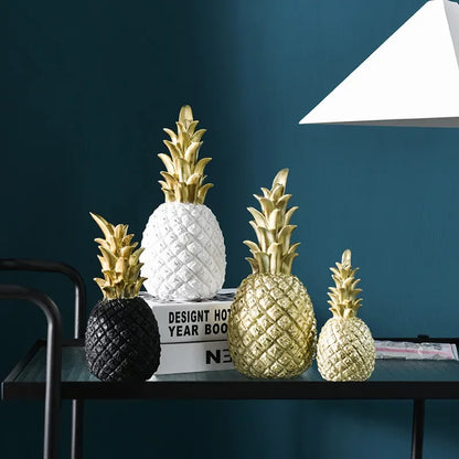 White Resin Pineapple Statue with Gold Crown Accent