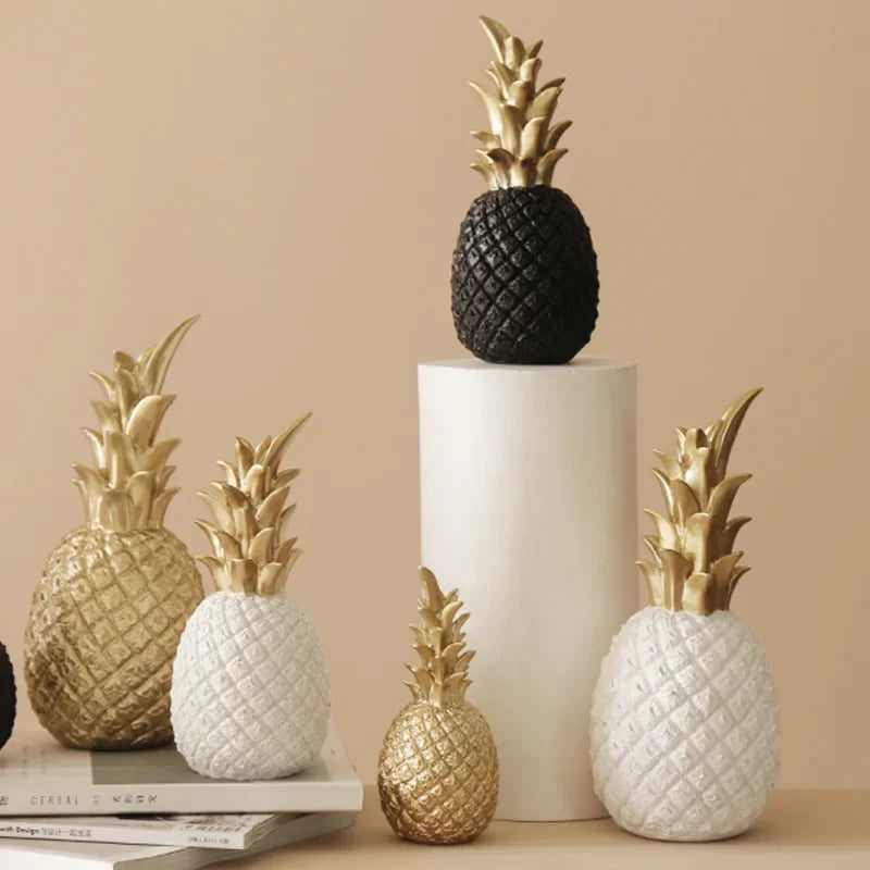 White Resin Pineapple Statue with Gold Crown Accent