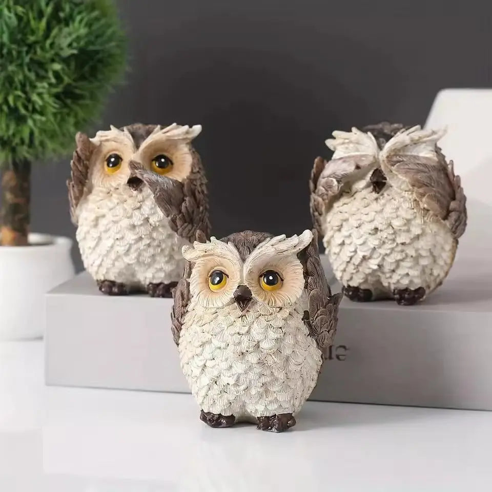 Set of Three Expressive Owl Figurines