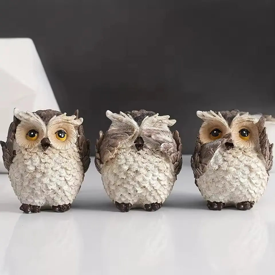 Set of Three Expressive Owl Figurines