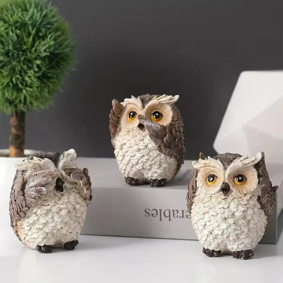 Set of Three Expressive Owl Figurines