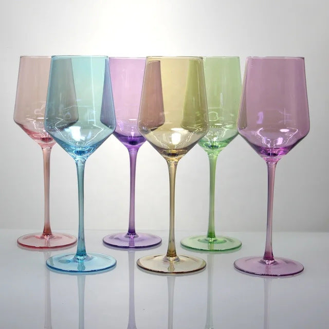 Set of Stemmed Wine Glasses in Angular Tulip Shape with Long Stems