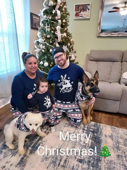 Matching Family Christmas Pajamas with Blue Reindeer Pattern