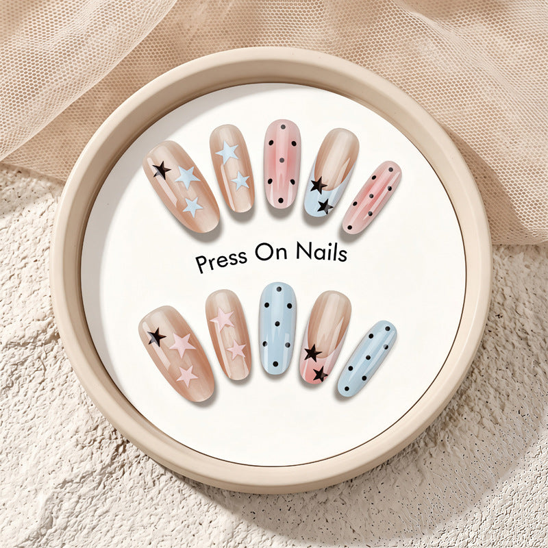 Press-On Nail Set Featuring Star and Dot Patterns