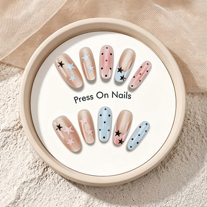 Press-On Nail Set Featuring Star and Dot Patterns