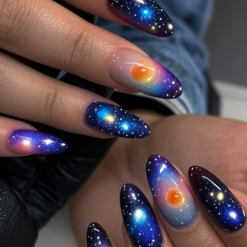 Galaxy-Inspired Nail Art Set with Celestial Designs