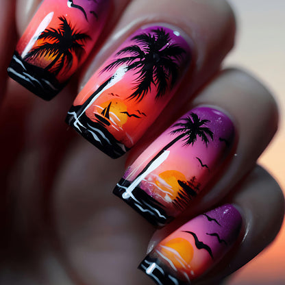 Creative Nail Art Design with Sunset Beach Theme