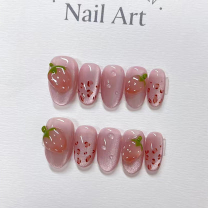 Strawberry-Themed Press-On Nail Art Design