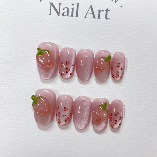 Strawberry-Themed Press-On Nail Art Design