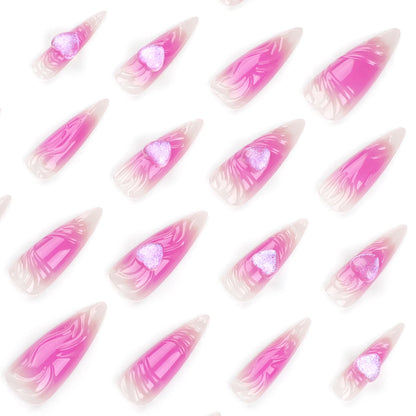 Heart Design Stiletto Nails with Glitter Accents