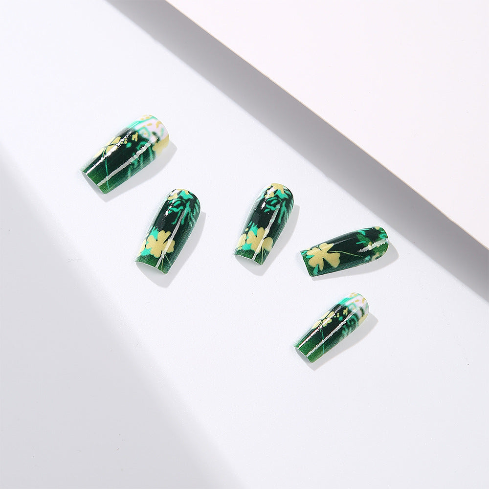 Acrylic Nails with Botanical Pattern Design