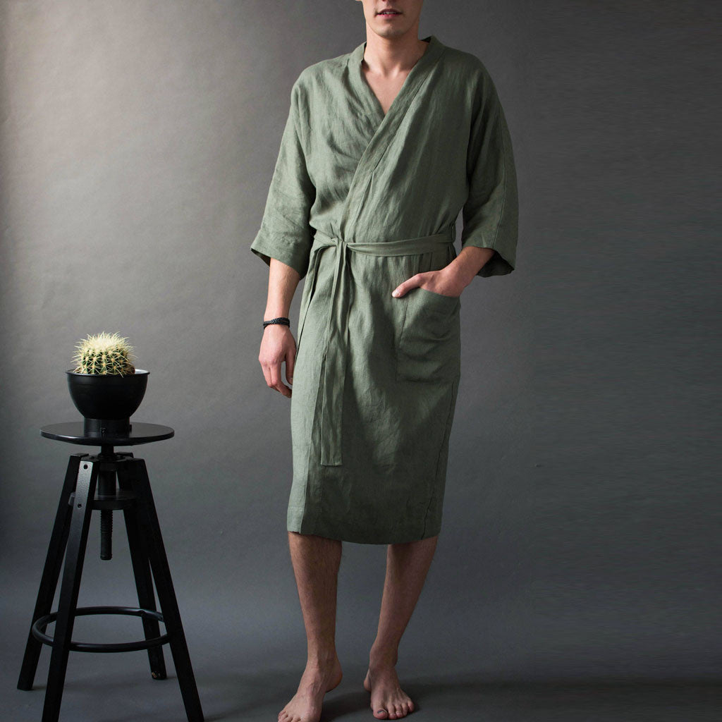 Casual Linen Bathrobe for Men with Pockets and Belt