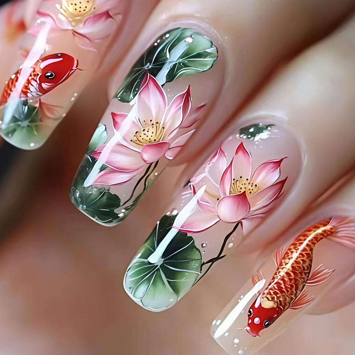 Nail Art Design with Water Lily and Koi Fish Motif