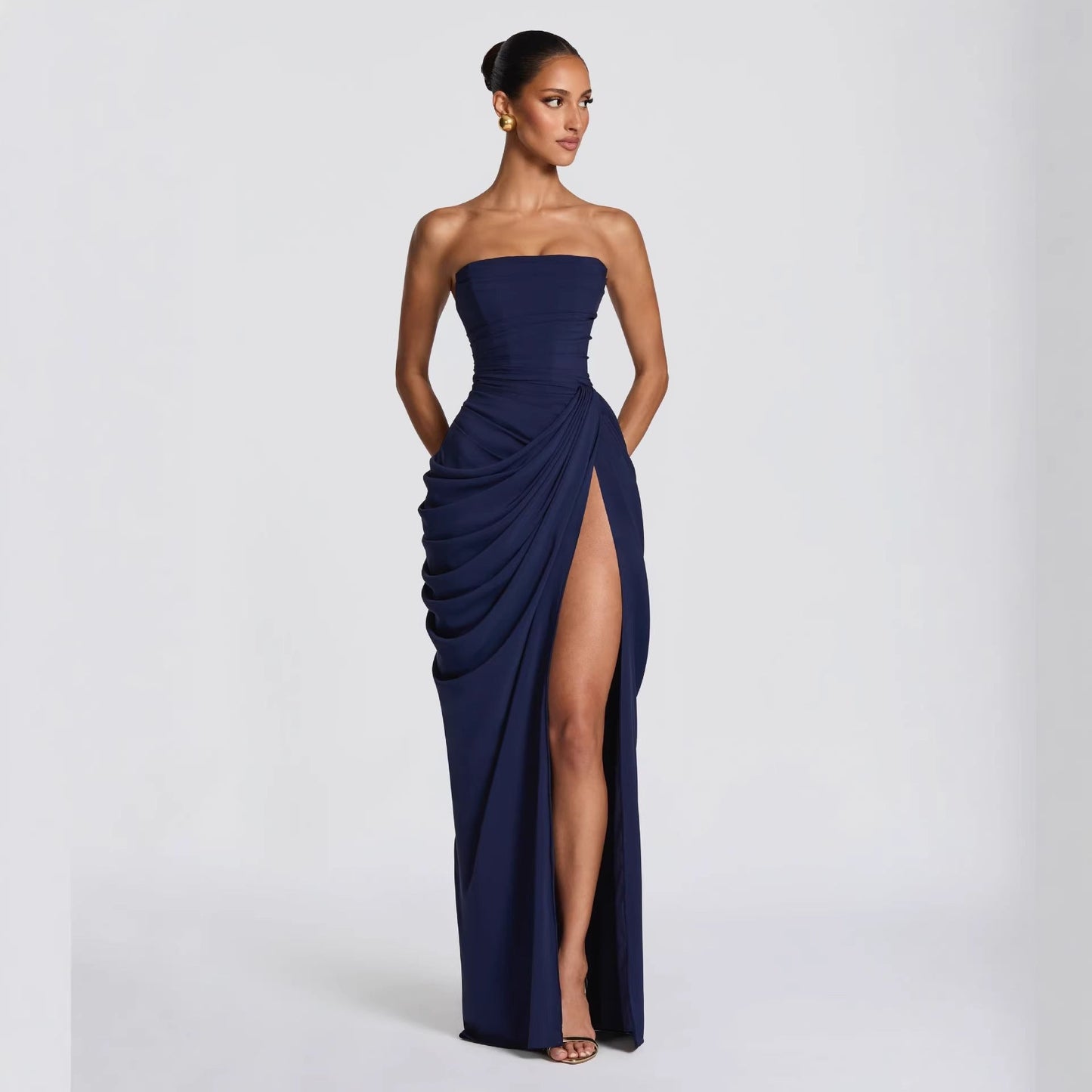 Long Sleeve Bodycon Evening Gown for Women – Ruched Maxi Dress