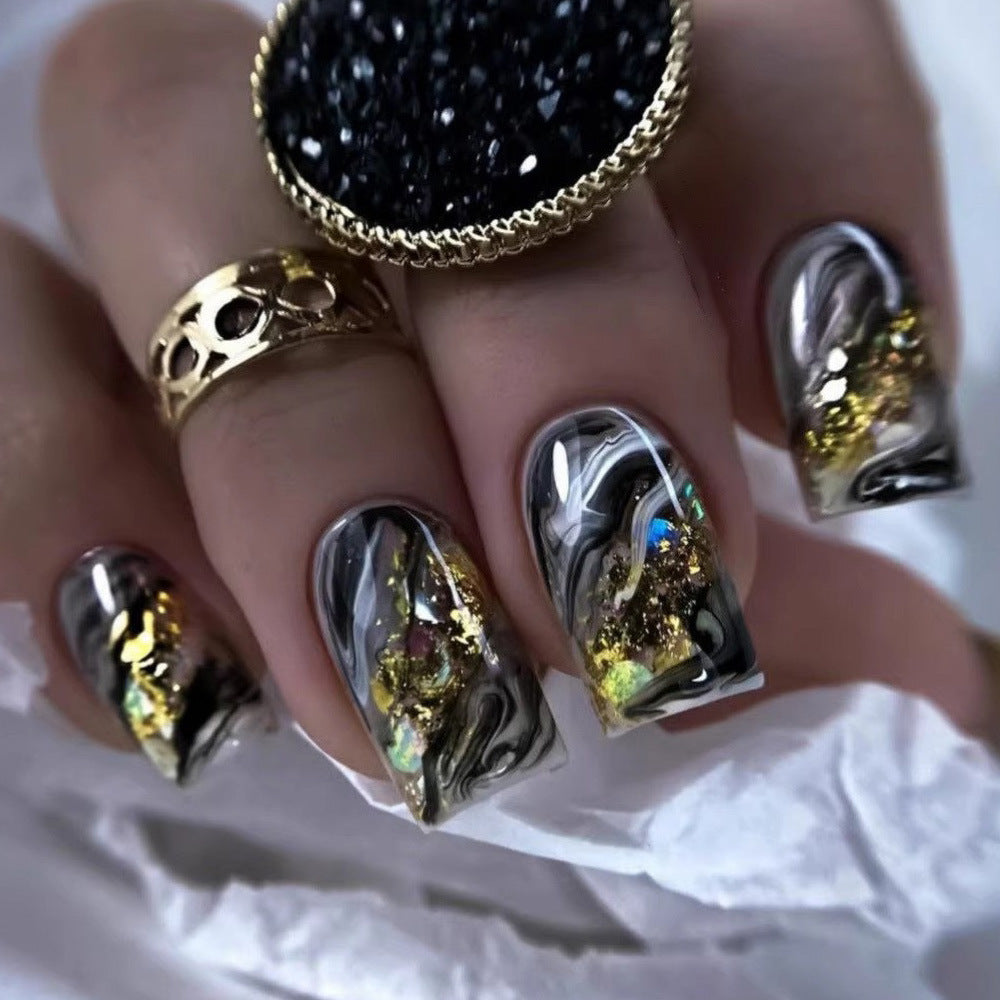 Artificial Nails with Abstract Gold and Black Pattern
