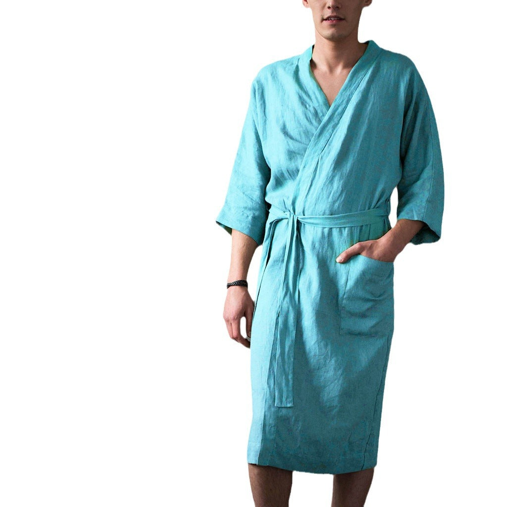 Casual Linen Bathrobe for Men with Pockets and Belt