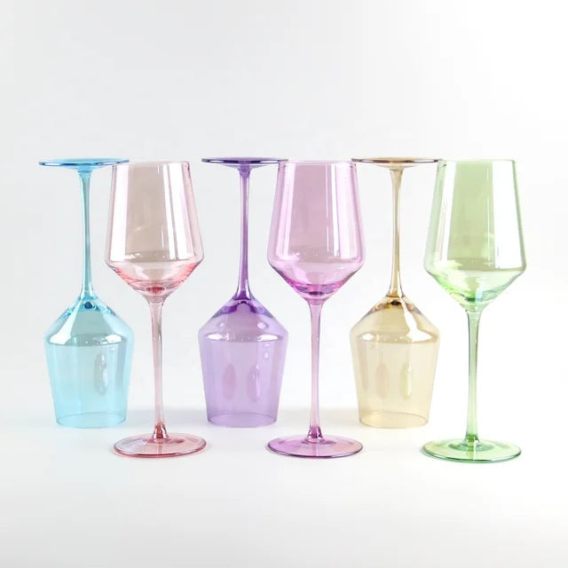 Set of Stemmed Wine Glasses in Angular Tulip Shape with Long Stems