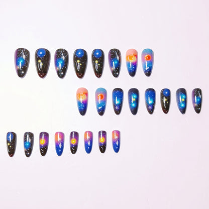 Galaxy-Inspired Nail Art Set with Celestial Designs