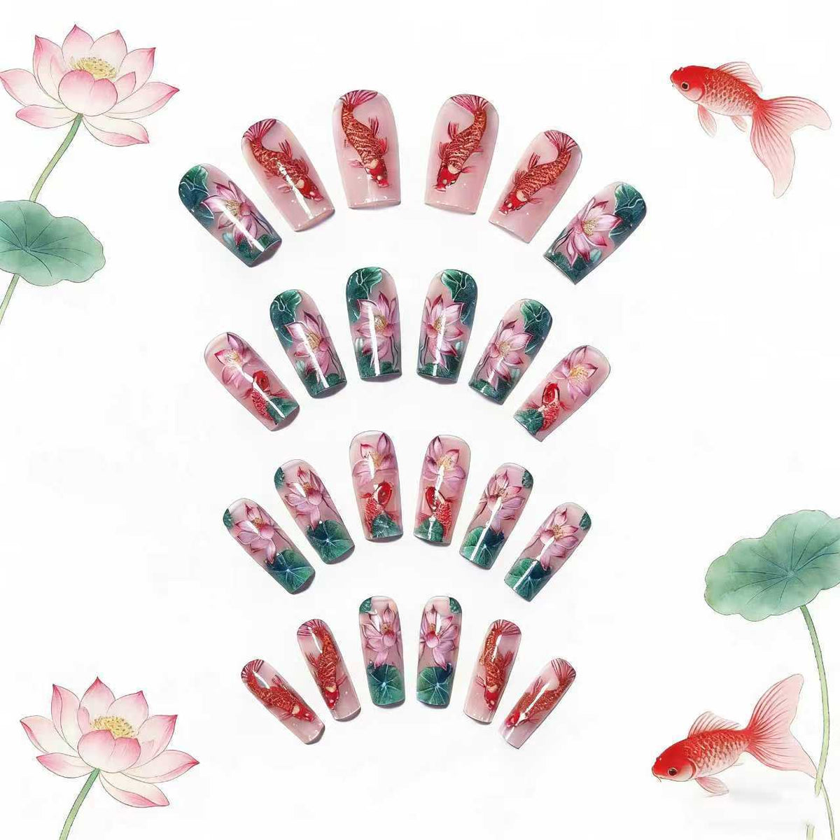 Nail Art Design with Water Lily and Koi Fish Motif